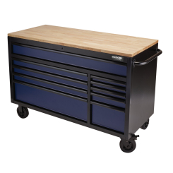 BUNKER Workbench Roller Tool Cabinet, 10 Drawer, 56", Blue