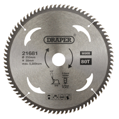 Draper TCT Circular Saw Blade for Wood, 250 x 30mm, 80T 