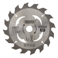 Draper TCT Cordless Construction Circular Saw Blade for Wood & Composites, 165 x 20mm, 16T
