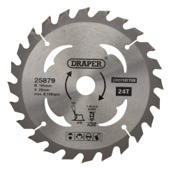 Draper TCT Cordless Construction Circular Saw Blade for Wood & Composites, 165 x 20mm, 24T