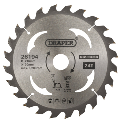 Draper TCT Construction Circular Saw Blade, 216 x 30mm, 24T