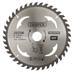 Draper TCT Construction Circular Saw Blade, 216 x 30mm, 40T