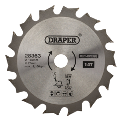 Draper TCT Multi-Purpose Circular Saw Blade, 165 x 20mm, 14T 
