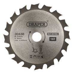 Draper TCT Multi-Purpose Circular Saw Blade, 210 x 30mm, 16T 