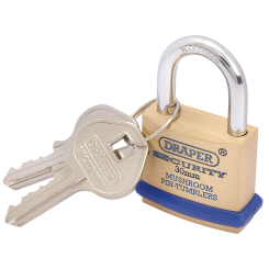 Draper Solid Brass Padlock and 2 Keys with Mushroom Pin Tumblers Hardened Steel Shackle and Bumper, 30mm
