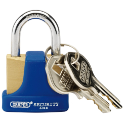 Draper Solid Brass Padlock and 2 Keys with Hardened Steel Shackle and Bumper, 32mm