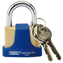 Draper Solid Brass Padlock and 2 Keys with Hardened Steel Shackle and Bumper, 42mm