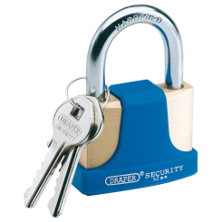 Draper Solid Brass Padlock and 2 Keys with Hardened Steel Shackle and Bumper, 52mm