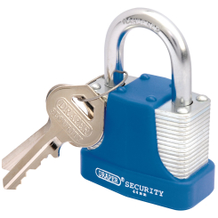 Draper Laminated Steel Padlock and 2 Keys with Hardened Steel Shackle and Bumper, 44mm