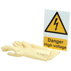 Draper Expert Electrical Insulating Gloves and 'Danger High Voltage' Hazard Sign
