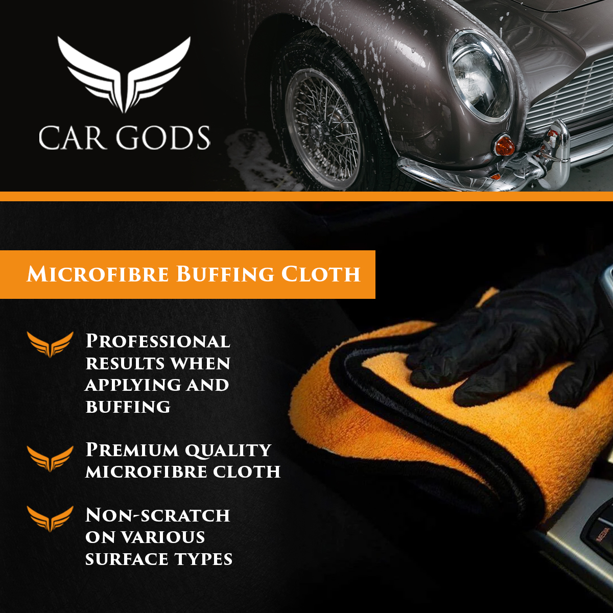 Car Gods Microfibre Buffing Cloth. A non-scratch premium quality microfibre cloth suitable for use on interior and exterior surfaces allowing you to achieve professional results when applying and buffing your favourite Car Gods products.