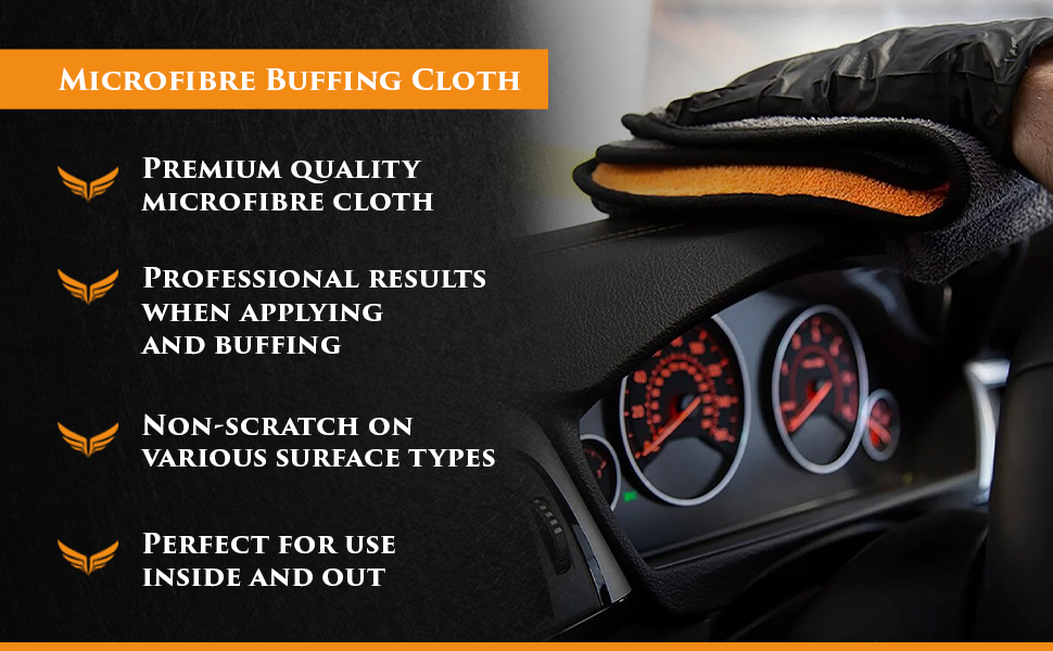 Microfibre Buffing Cloth. A non-scratch premium quality microfibre cloth suitable for use on interior and exterior surfaces allowing you to achieve professional results when applying and buffing your favourite Car Gods products.