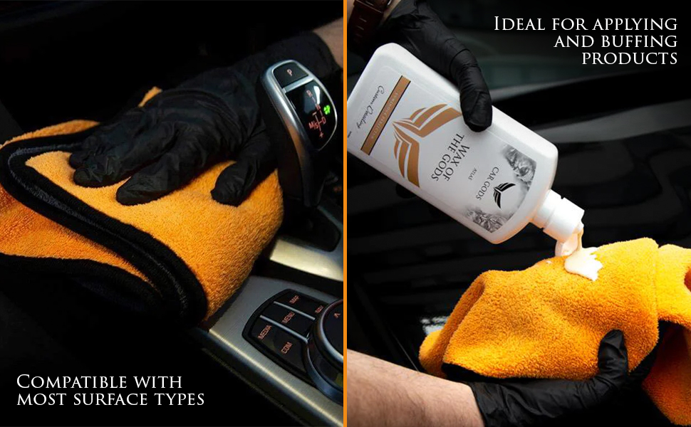 Image showing yellow Car Gods Microfibre Buffing Cloth being used to clean a car interior, and in-use with Car Gods Wax of the Gods. Text: Compatible with most surface types. Ideal for applying and buffing products.