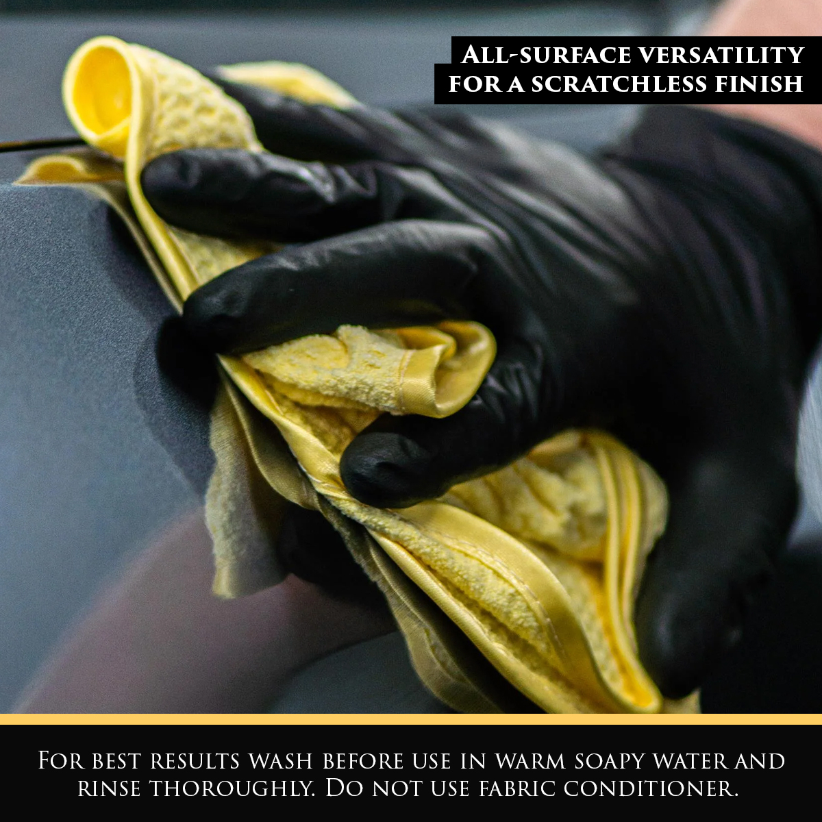 Image shows the yellow Car Gods Microfibre Drying Cloth being used to dry a vehicle’s exterior. Text: For best results wash the cloth in warm soapy water and rinse thoroughly before use. Do not use fabric conditioner.