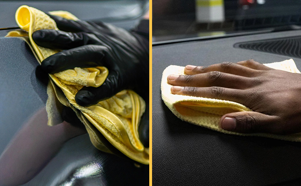 Left image shows the yellow Car Gods Microfibre Drying Cloth being used to dry a vehicle’s exterior. Right image shows the waffle-textured cloth being used to clean a vehicle’s interior.