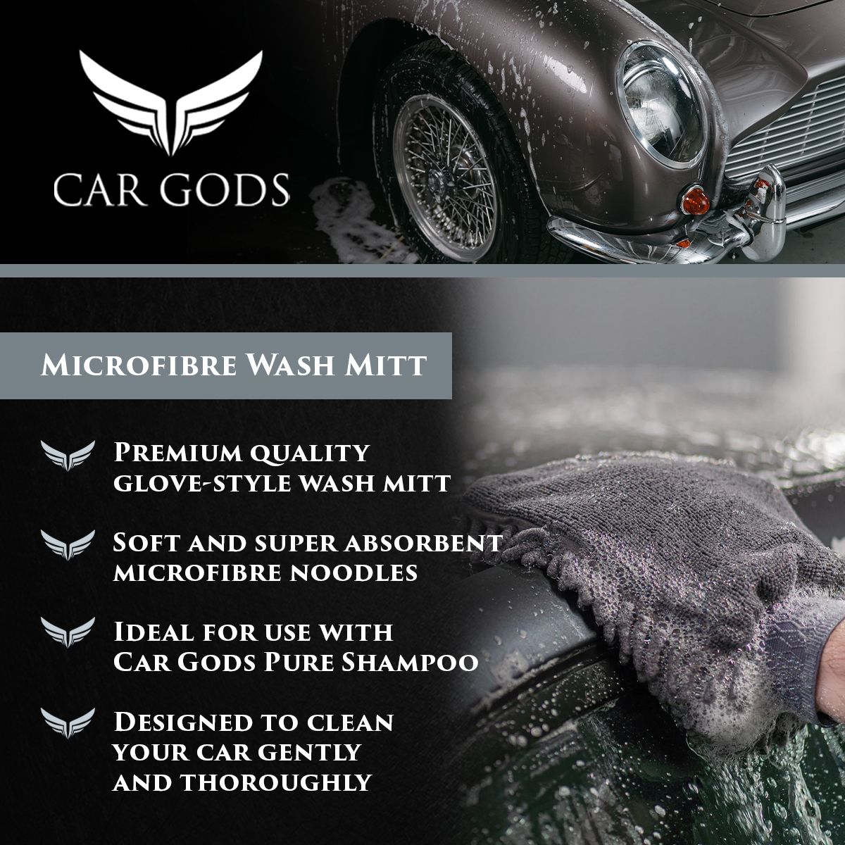 Car Gods Microfibre Wash Mitt. Soft and super absorbent premium quality microfibre glove-style wash mitt. The microfibre noodles are designed to clean your car gently and thoroughly. The wash mitt is ideal for use with Car Gods Pure Shampoo.