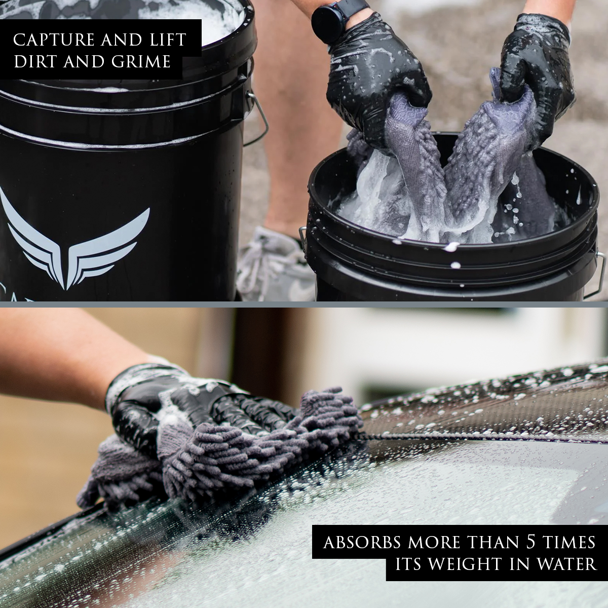 Image on left shows two wash mitts being sloshed about and rinsed in a Car Gods bucket using the two-bucket method. Image on right shows Microfibre Wash Mitt being used to clean a car with the microfibre noodles. Text: Capture and lift dirt and grime. Absorbs more than 5 times its weight in water.