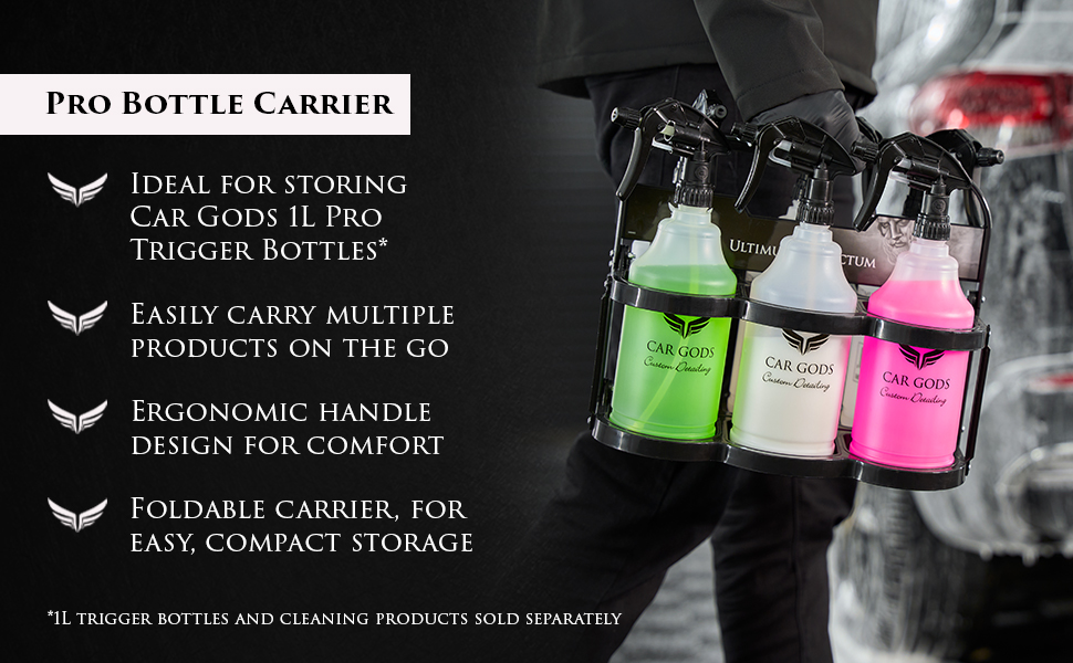 Enhance your detailing experience with Car Gods Pro Bottle Carrier. Store up to 6 1L Car Gods Pro Trigger Bottles (sold separately), and easily carry them around with the ergonomically designed handle. The foldable, ergonomic carrier boasts a compact design for easy, convenient, storage. The days of struggling with bulky bottles and multiple trips are over! Elevate your car care experience with Car Gods.