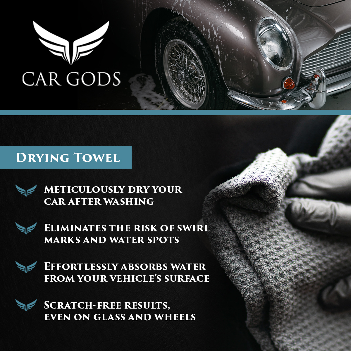 Car Gods Drying Towel Designed to dry your vehicle gently and thoroughly after washing, Car Gods Drying Towels are crafted from premium quality 400gsm microfibres. The waffle-structure of the drying towels locks-in moisture, drawing water away from your vehicle’s surface.