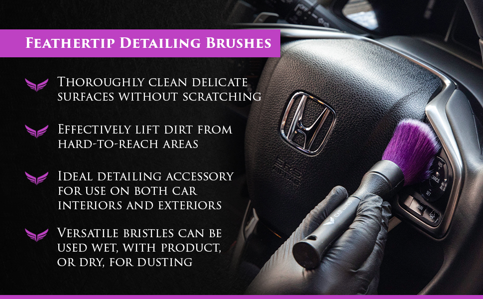 Safe for all surfaces, Car Gods Feathertip Detailing Brushes offer scratch-free results, making them perfect when paired with other Car Gods detailing products to effectively agitate cleaning solutions on challenging surfaces like emblems. Versatile, effective, and convenient these brushes are a must-have for your detailing kit.