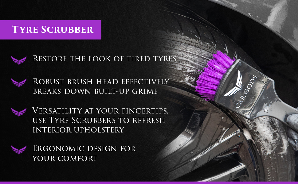 Elevate your car care with a simple, versatile solution: Car Gods Tyre Scrubbers. This set of two stiff, yet flexible detailing brushes have been designed exclusively for Car Gods. The ergonomically designed brush has been created for your convenience, and to clean tough-to-reach spots. Plus, with a range of uses Car Gods Tyre Scrubbers are ideal for eradicating ingrained dirt from interior upholstery and cleaning tyre walls without damaging surfaces.