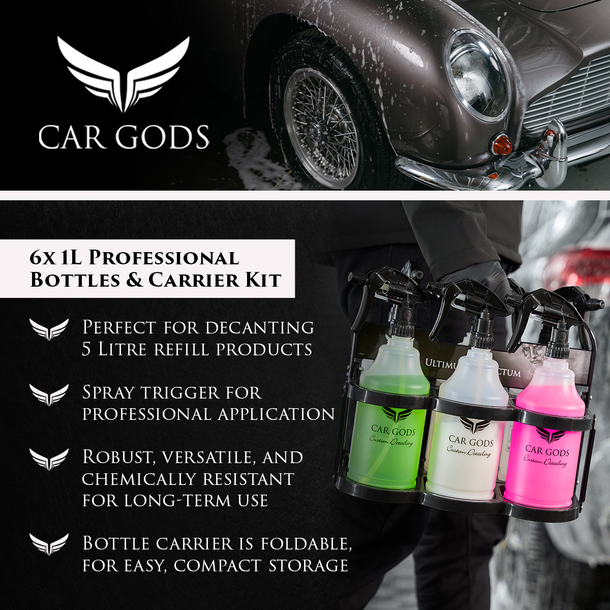 Enhance your detailing experience with Car Gods Professional Bottle & Carrier Kit. Easily pour our 5L refills into the 6 included sturdy containers. Fill level indicators ensure accuracy, while spray trigger guarantees professional application. Foldable, ergonomic carrier boasts a compact design for easy storage. Versatile and durable, this bottle and carrier kit is a must-have for efficient detailing. Elevate your car care experience with Car Gods.