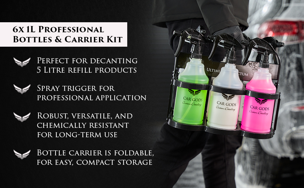 Enhance your detailing experience with Car Gods Professional Bottle & Carrier Kit. Easily pour our 5L refills into the 6 included sturdy containers. Fill level indicators ensure accuracy, while spray trigger guarantees professional application. Foldable, ergonomic carrier boasts a compact design for easy storage. Versatile and durable, this bottle and carrier kit is a must-have for efficient detailing. Elevate your car care experience with Car Gods.