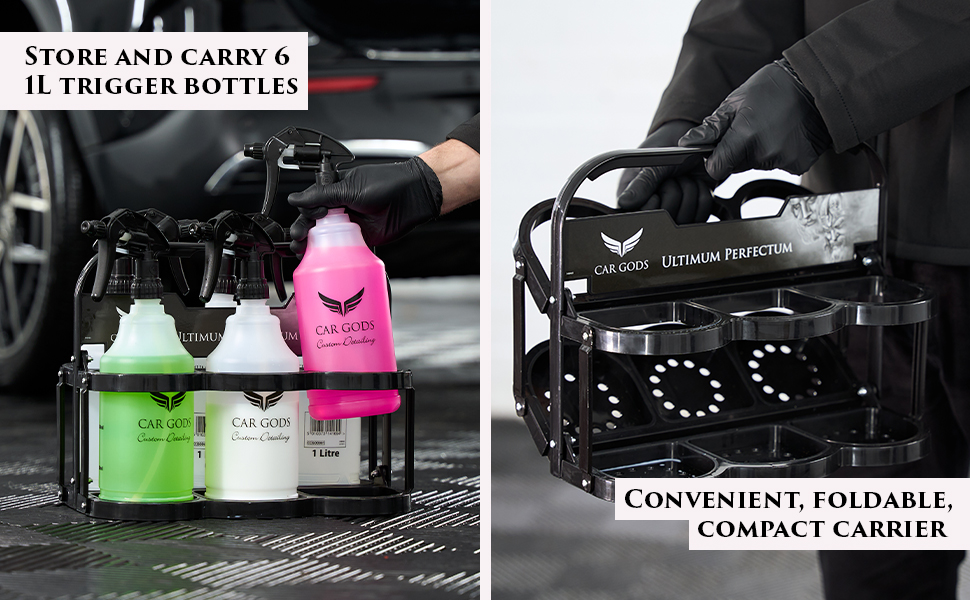 Left image: 6x 1 Litre professional trigger bottles stored in carrier. Right image: convenient, folding bottle carrier.