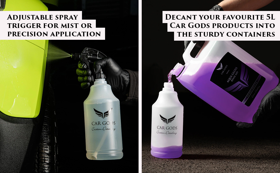 Left image: adjustable spray trigger for mist or precision spray. Right image: Decanting 5L Aqua Gloss Rinse Aid into 1L professional trigger bottle.