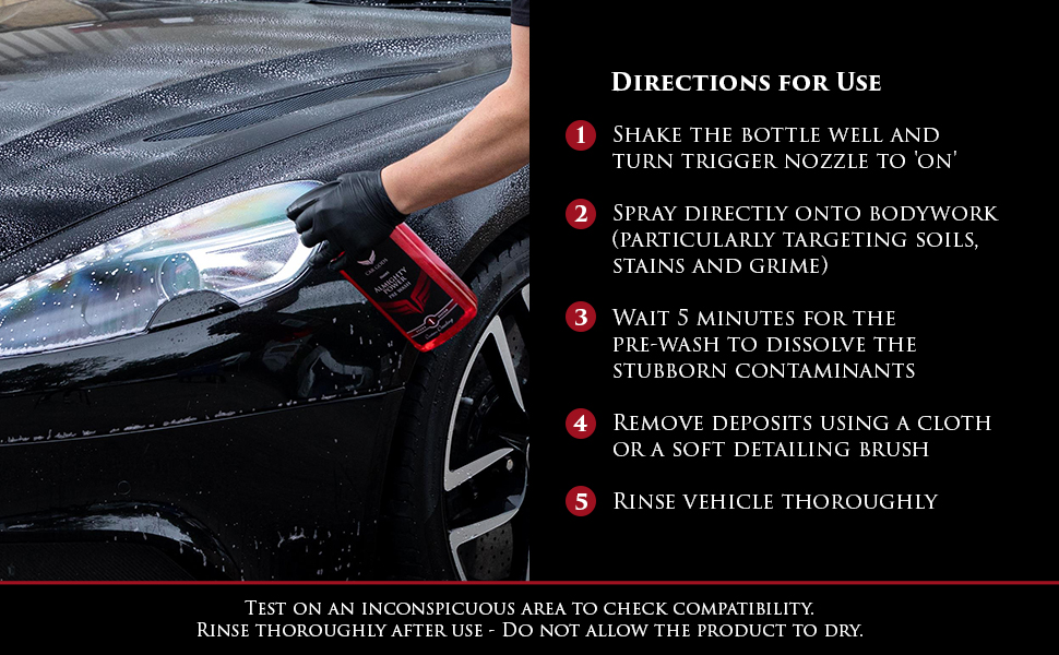Image shows Almighty Power Pre-Wash being sprayed onto the headlight of a car. Text: Test on an inconspicuous area to check compatibility with your vehicle. Rinse thoroughly after use, do not allow the product to dry.