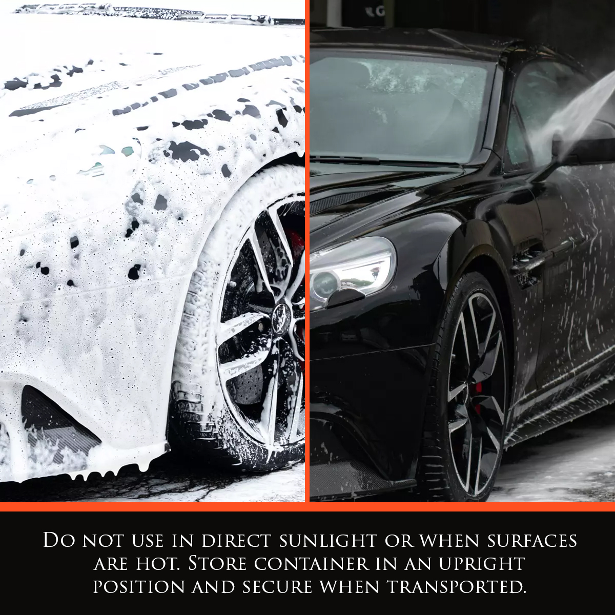 Left image shows a car covered in thick snow foam suds. Right image shows Arctic Storm Snow Foam being rinsed from a car with a pressure washer. Text: Do not use in direct sunlight or when surfaces are hot. Store container in an upright position and secure when transported.