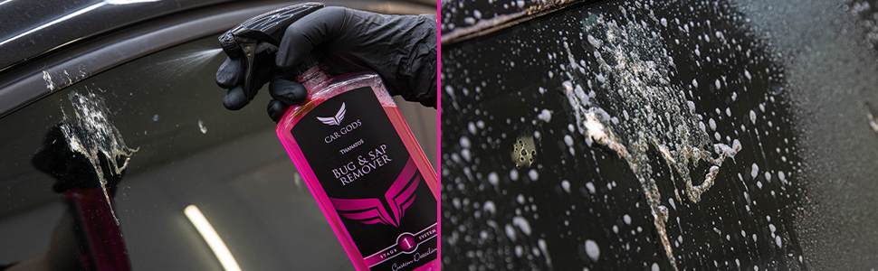 Left image shows bottle of Car Gods Bug & Sap Remover being sprayed onto bird lime. Right image shows Car Gods Bug & Sap Remover dissolving bird lime from car paintwork.