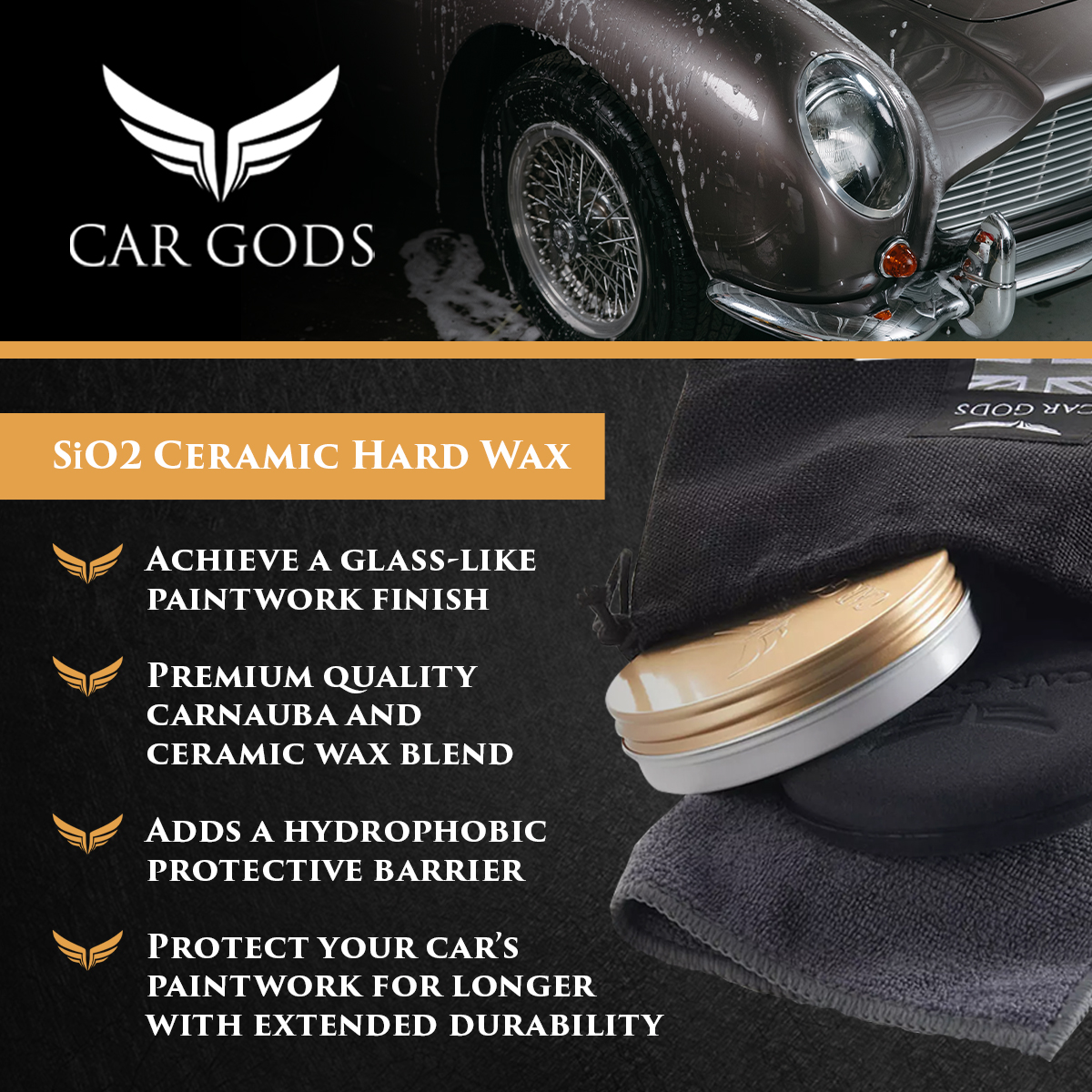 Car Gods SiO2 Ceramic Hard Wax. Protect car paintwork for longer with a hydrophobic protective barrier from a premium carnauba and ceramic wax blend.