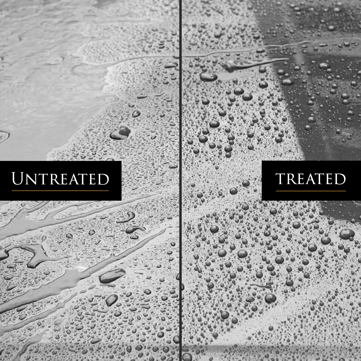 Image shows untreated vs treated car paintwork surface. Water pools on the untreated surface, water beads and runs off the treated surface.