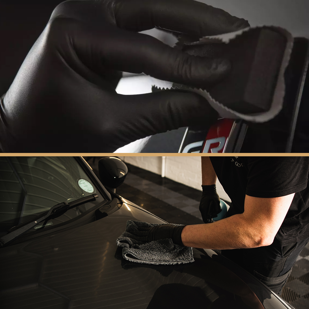 Top picture and bottom picture separated by gold line. Top image shows microfibre cloth wrapped around application block, applying Ceramico Pro to a black vehicle. Bottom image shows buffing a black vehicle with a microfibre cloth.