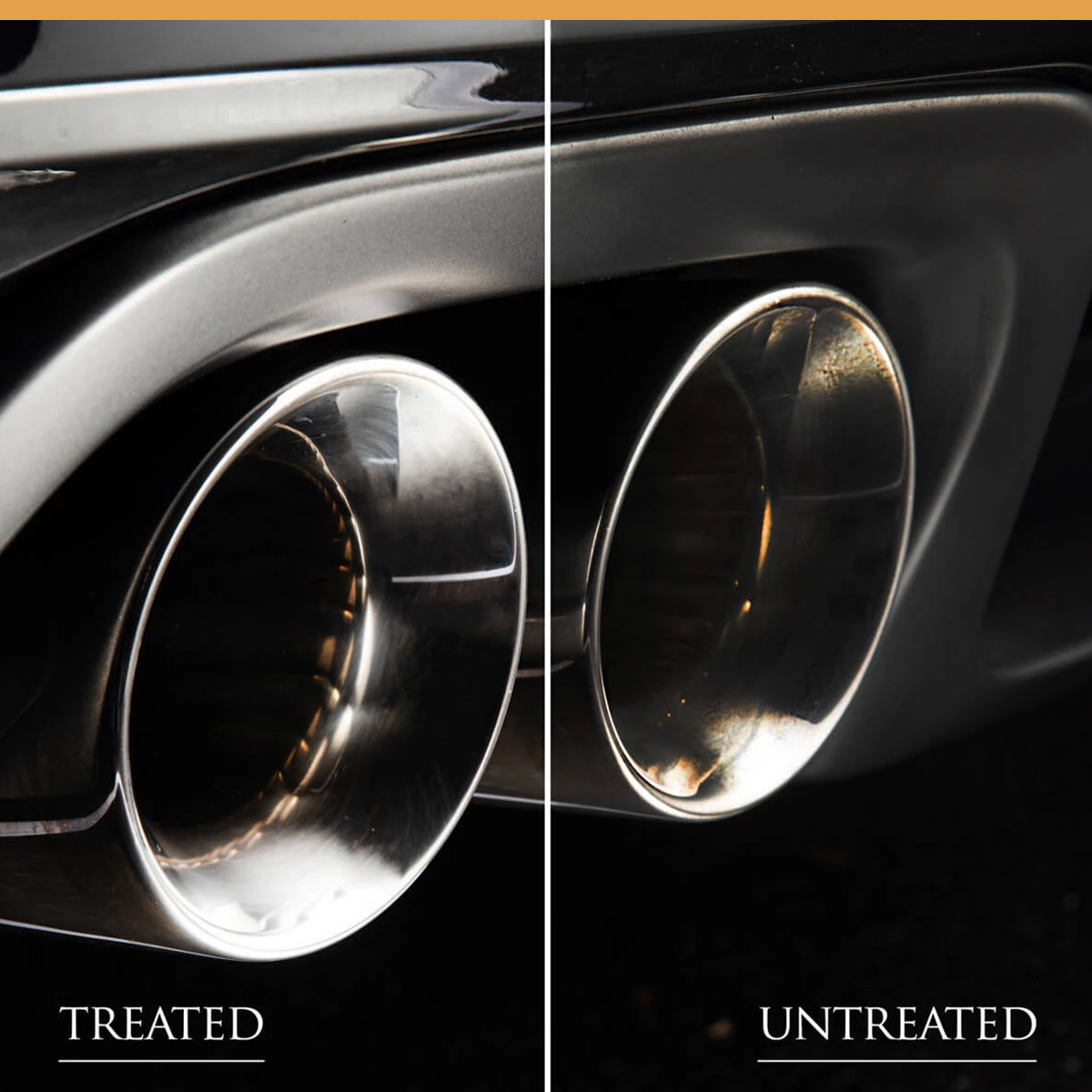 Comparison image of treated vs untreated chrome metal car trim.