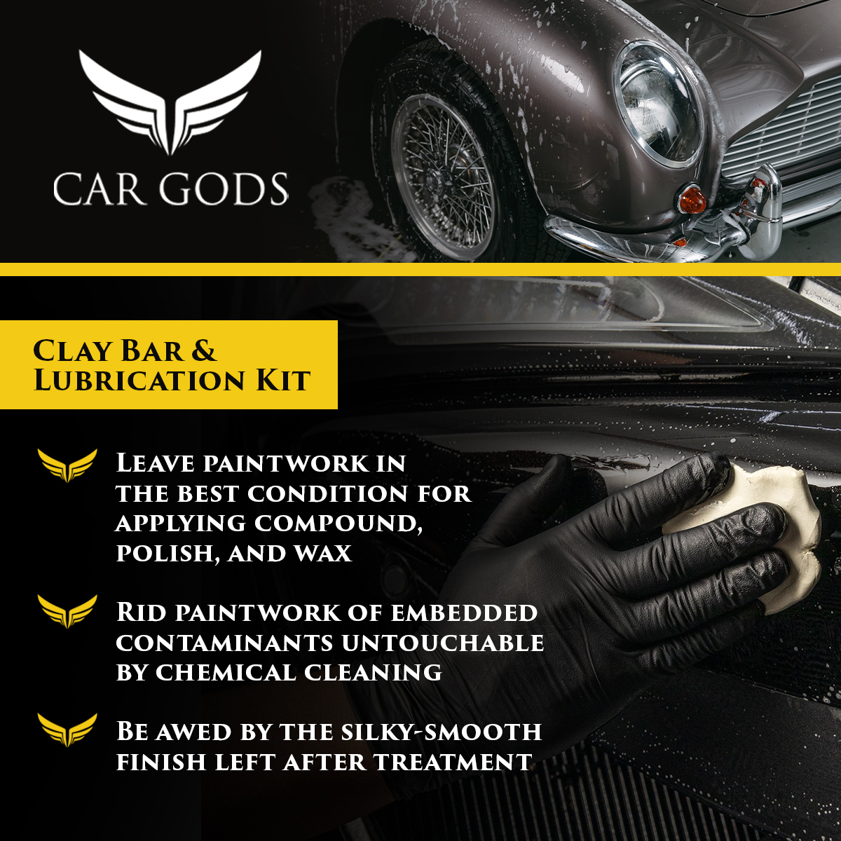 Car Gods Clay Bar and Lubrication kit. Remove embedded paintwork contaminants for a silky-smooth finish. Car body panels will be ready for sealant and wax layers after use for the ultimate paintwork finish.