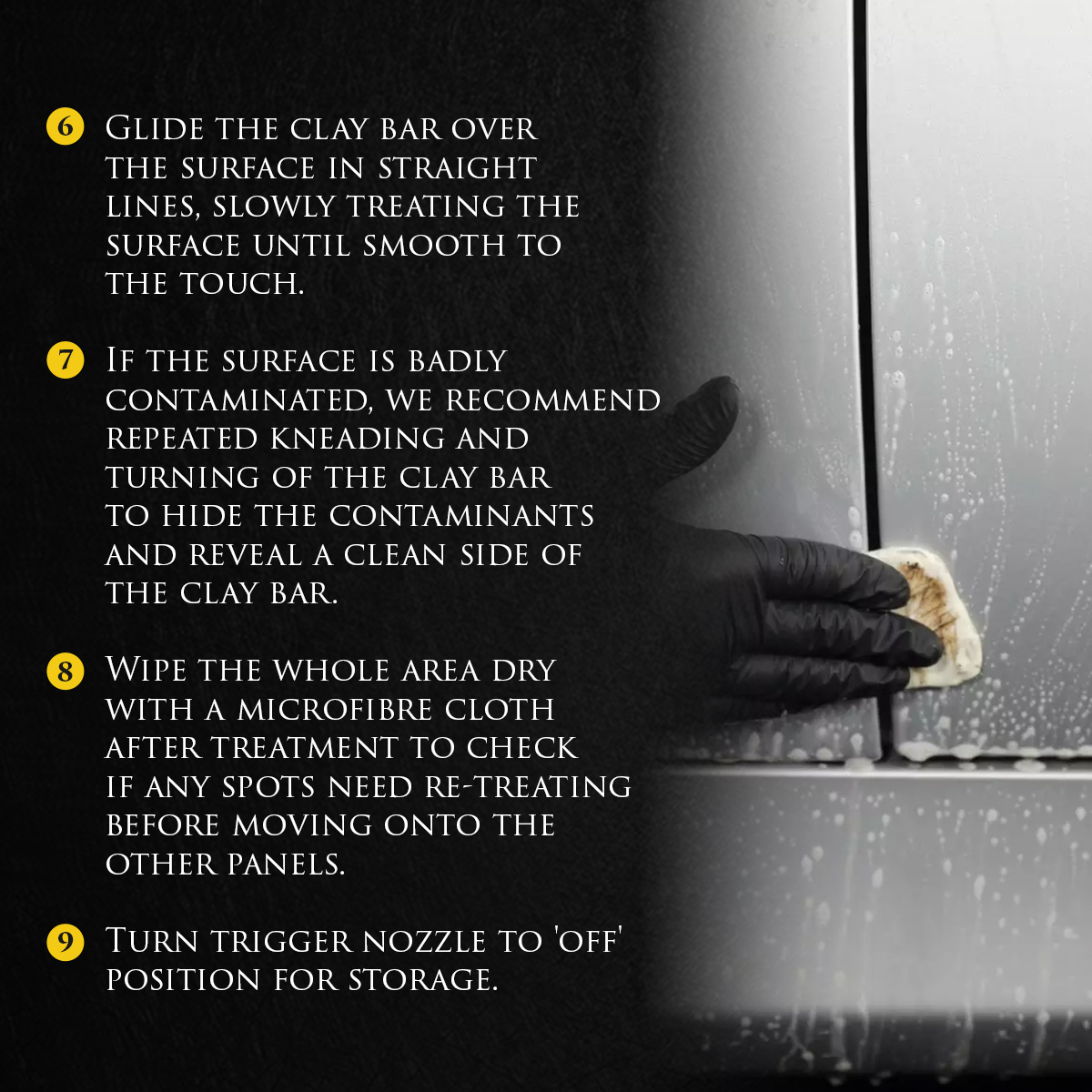 Image shows clay bar gliding over silver car, picking up microscopic embedded paintwork contaminants. Text: if the clay bar is dropped onto the floor or becomes fully contaminated it must be disposed of immediately.