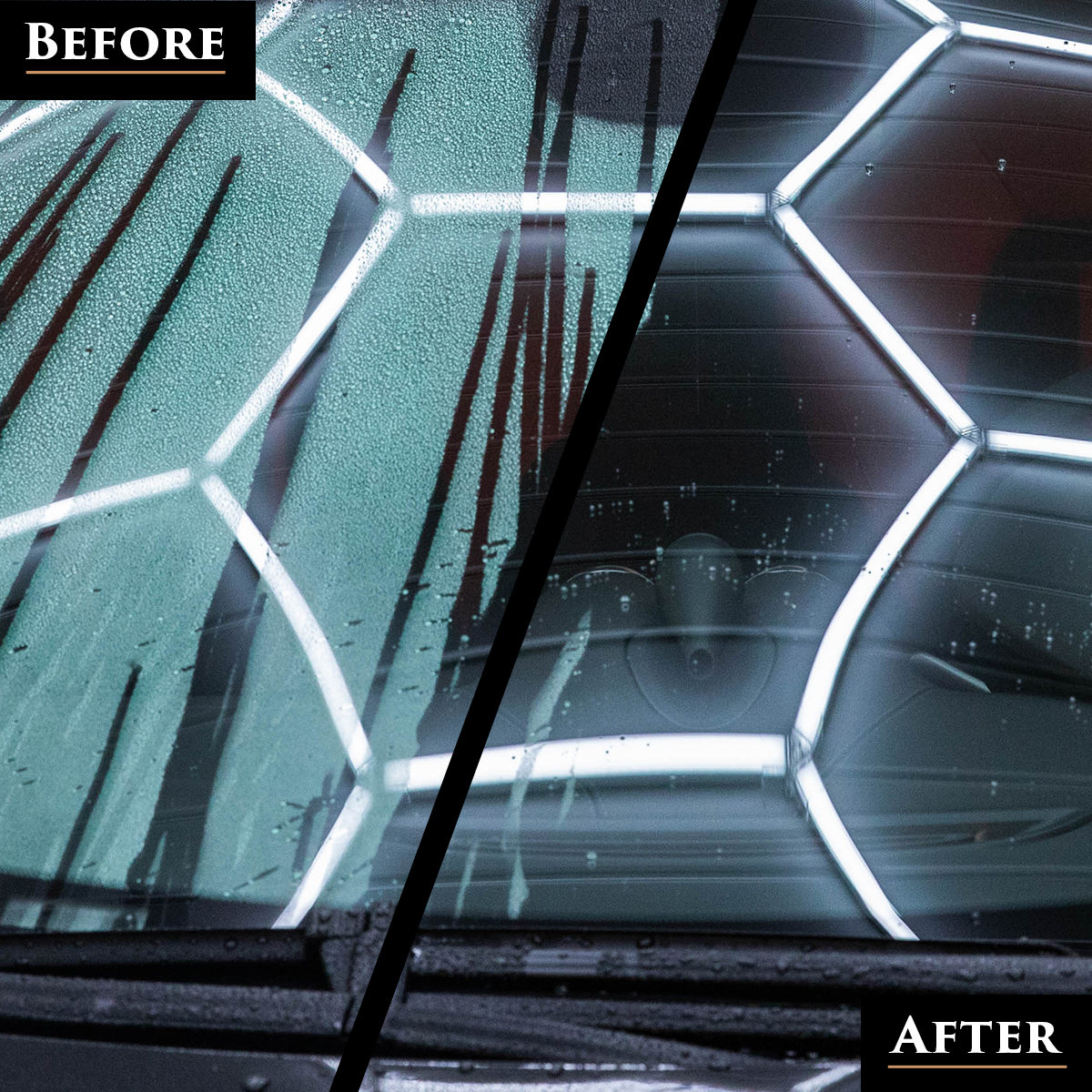 Image showing before and after when using Car Gods Crystal Shield Rain Guard. Before image shows condensation and rain lingering on car windows. After image shows water beading on and running off the window surface.