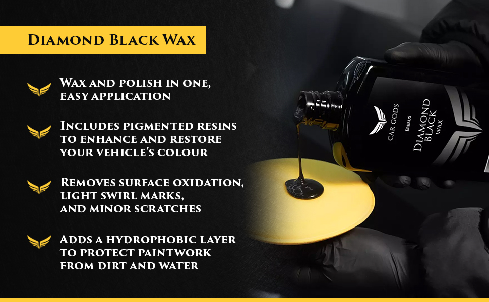 Diamond Black Wax. Wax and polish in one, easy application with pigmented resins to enhance and restore your vehicle’s colour by removing surface oxidation, light swirl marks, and minor scratches. Plus, add a hydrophobic layer to protect paintwork from dirt and water.