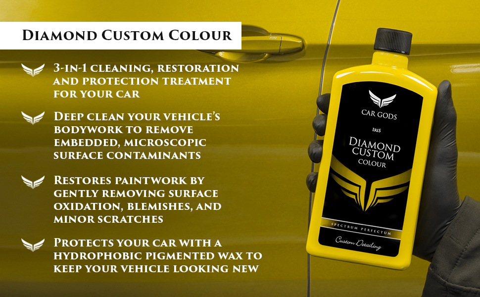 Diamond Custom Colour. 3-in-1 cleaning, restoration and protection treatment for your car. Deep clean your vehicle’s bodywork to remove embedded, microscopic surface contaminants. Diamond Custom Colour restores paintwork by gently removing surface oxidation, blemishes and minor scratches, and it protects your car with a hydrophobic pigmented wax to keep your vehicle looking new.