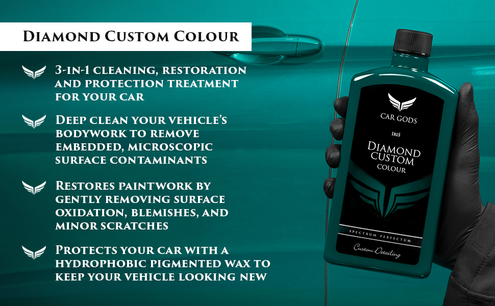 Diamond Custom Colour. 3-in-1 cleaning, restoration and protection treatment for your car. Deep clean your vehicle’s bodywork to remove embedded, microscopic surface contaminants. Diamond Custom Colour restores paintwork by gently removing surface oxidation, blemishes and minor scratches, and it protects your car with a hydrophobic pigmented wax to keep your vehicle looking new.