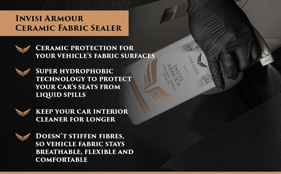 Invisi Armour Ceramic Fabric Sealer. Super hydrophobic ceramic protection for your vehicle’s fabric surfaces. Fabric stays breathable, flexible and cleaner for longer.