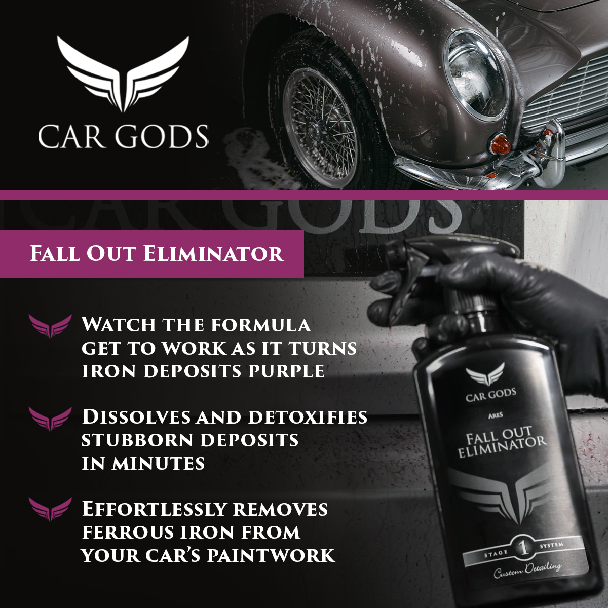Car Gods Fall Out Eliminator. Dissolves and detoxifies stubborn iron deposits on your car’s paintwork, the colour active formula turns iron fallout purple as it dissolves. The ideal preparation for contact washing your car.