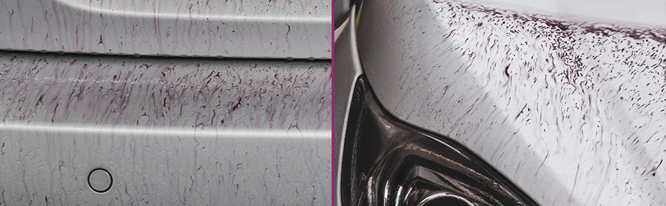 Image shows Car Gods Fall Out Eliminator turning deposits of iron fallout purple on a white car.
