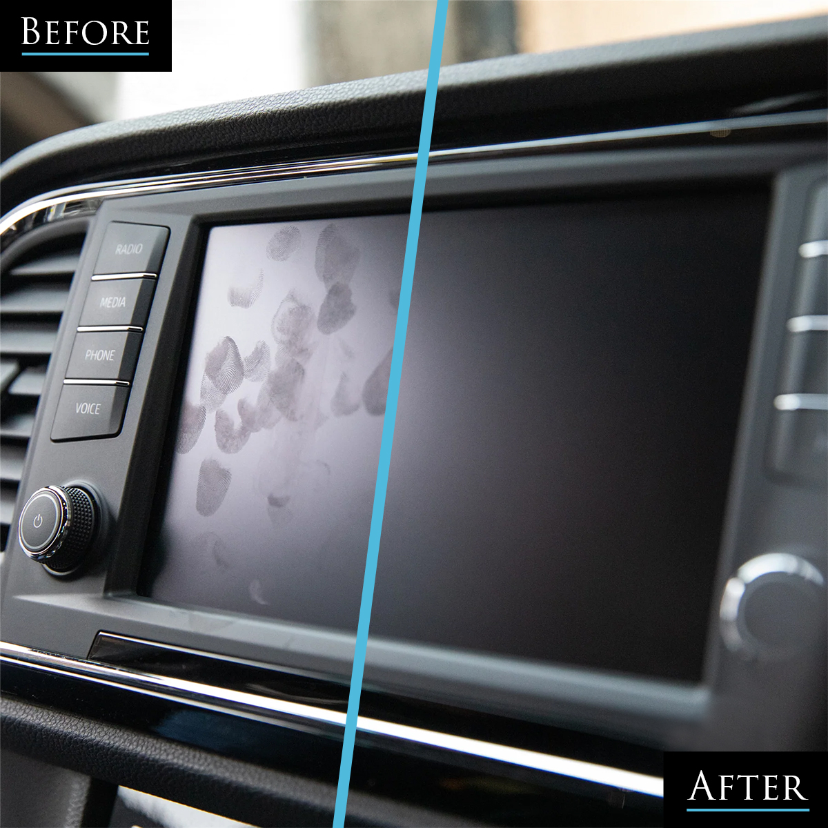 Image shows before & after of using Car Gods Glass Perfection. Before shows a car’s touch screen interface covered in finger marks. After shows a clean touch screen interface.