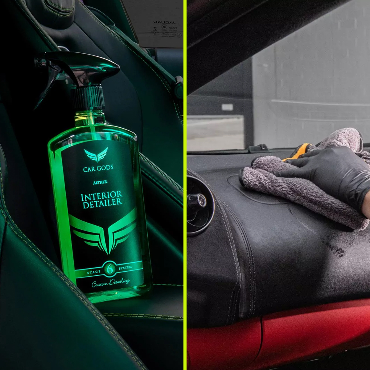 Image shows microfibre cloth being used to clean a dashboard with Car Gods Interior Detailer.