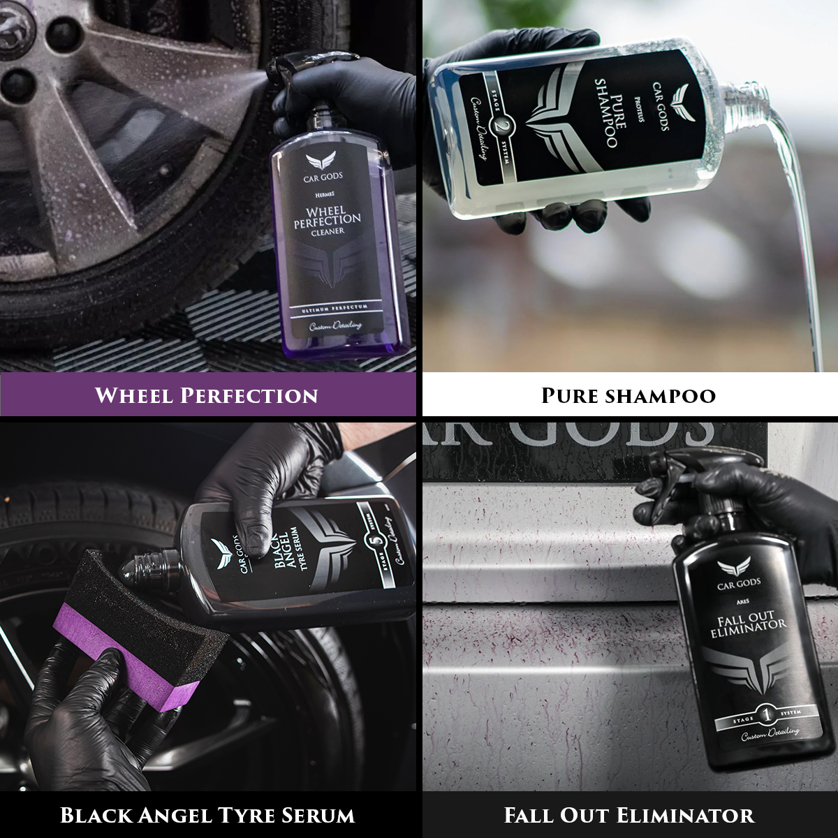 Image shows the following products in use: Wheel Perfection Cleaner, Pure Shampoo, Black Angel Tyre Serum, and Fall Out Eliminator.