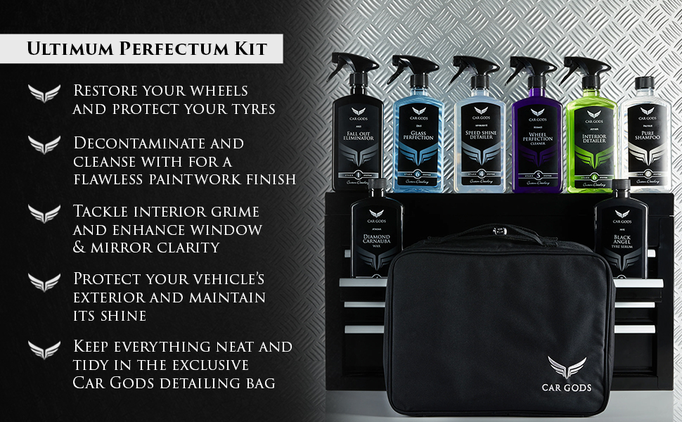 Car Gods Ultimum Perfectum Kit Use this 8-piece premium detailing kit to; restore your wheels and protect your tyres, decontaminate and cleanse with for a flawless paintwork finish, tackle interior grime and enhance window & mirror clarity, protect your vehicle’s exterior and maintain its shine for long-lasting brilliance, and keep everything neat and tidy in the exclusive Car Gods detailing bag.