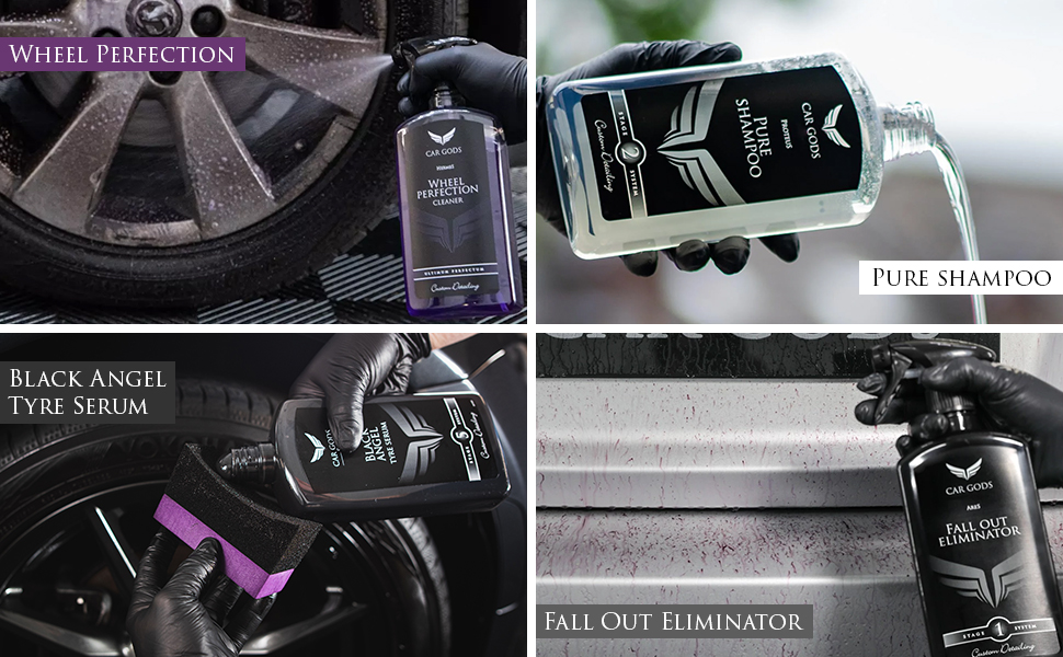 Image shows the following products in use: Wheel Perfection Cleaner, Pure Shampoo, Black Angel Tyre Serum, and Fall Out Eliminator.